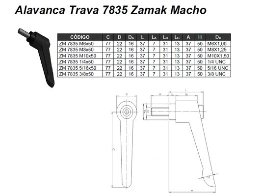 Manipulo Alavanca Trava Macho M8 X 50mm Zamak 7835