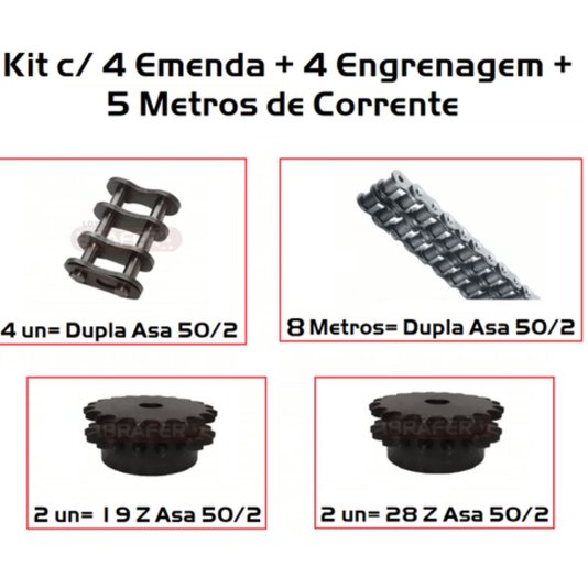 4 Engrenagem + 4 Emenda + 8 Metros de Corrente Asa 50/2