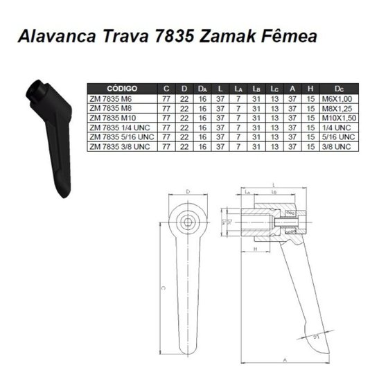 Manípulo Alavanca Trava Fêmea M8 - MA 1,25 Zamak 7835- 5 Und