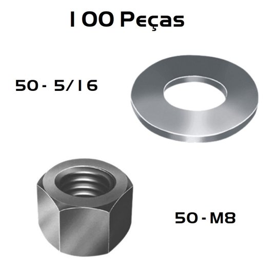 50 Porca Inox Sextavada M8 e 50 Arruela Inox 5/16 Lisa 100Un