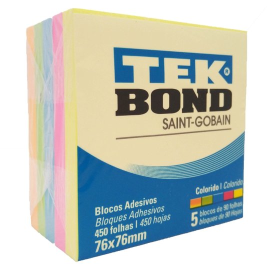 Bloco Adesivo Colorido 5 Cores 76x76mm 450 Folhas Tekbond