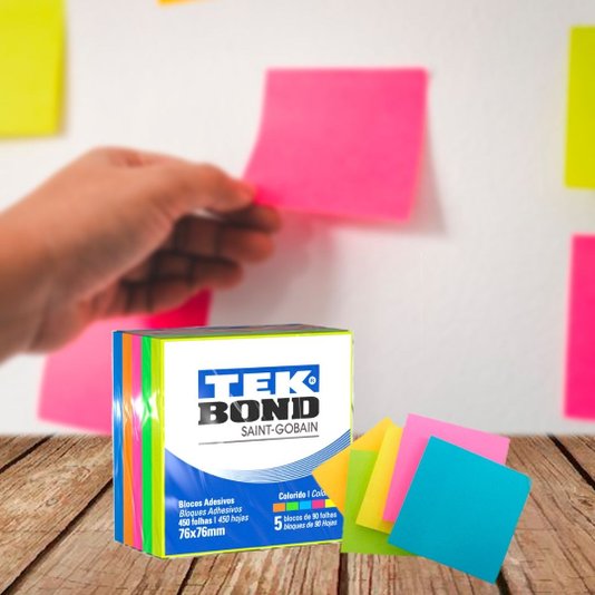 Bloco Adesivo Colorido 5 Cores 76x76mm 450 Folhas Tekbond