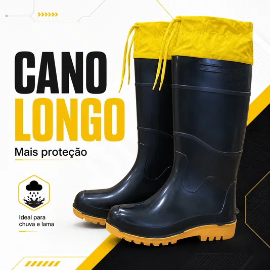 Bota Pvc Cano Longo Forrada Preta Amarela Chuva Lama
