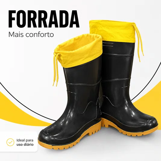 Bota Pvc Cano Longo Forrada Preta Amarela Chuva Lama