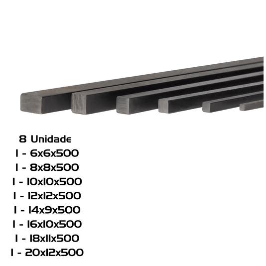 Chaveta 500mm 6x6 8x8 10x10 12x12 14x9 16x10 18x11 20x12 8Pç
