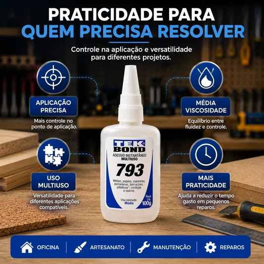 Cola Instantânea Adesivo 793 Bico Antientupimento 100g Tekbond