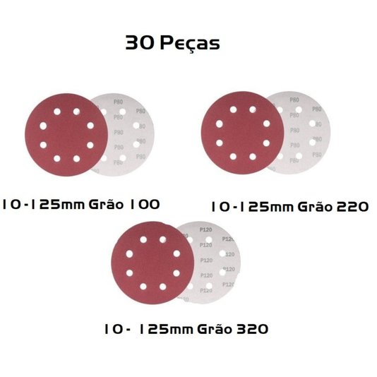 Disco Lixa 125mm Grão 100, 220, 320 Pluma - 30 Unidade