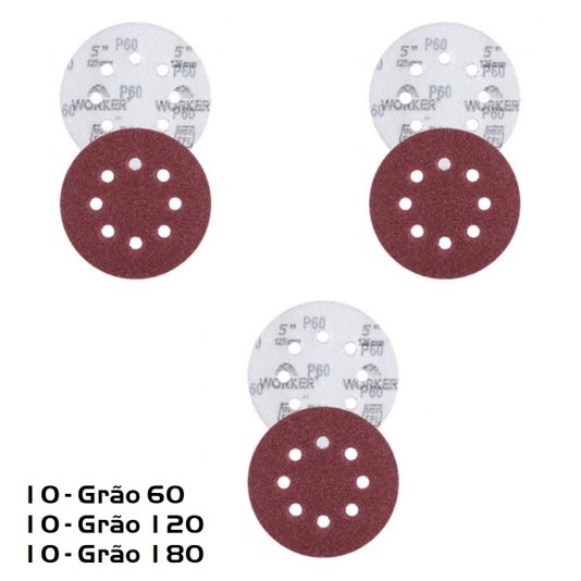 Disco Lixa 125mm Grão 60, 120 e 180 Pluma 8 Furos 30 Und