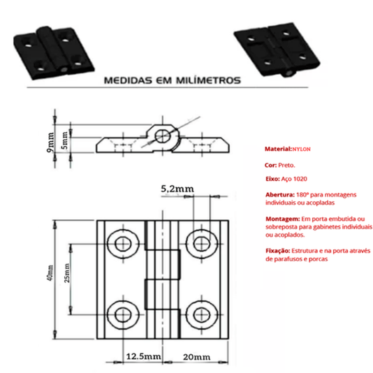 Dobradiça Nylon 40 X 40 para Máquinas Industriais 10 Und