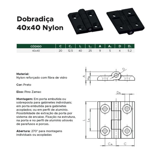 Dobradiça Nylon 40 X 40 para Máquinas Industriais 5 Und