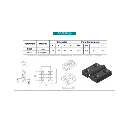 Dobradiça Polipropileno 49 X 49 P/ Máquinas Industriais