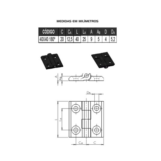 Dobradiça Zamak 40 X 40 p/ Máquinas Industriais 50 Unidade