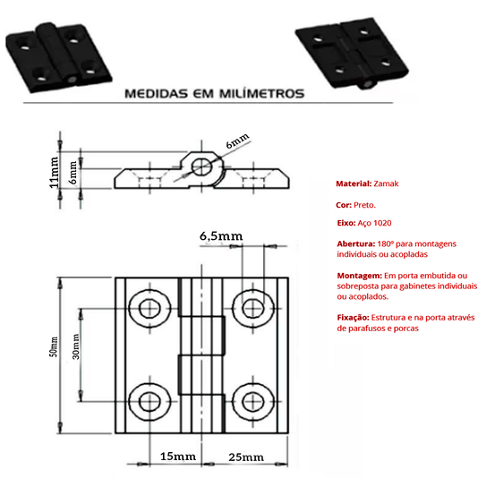 Dobradiça Zamak 50 X 50 p/ Máquinas Industriais 10 Und