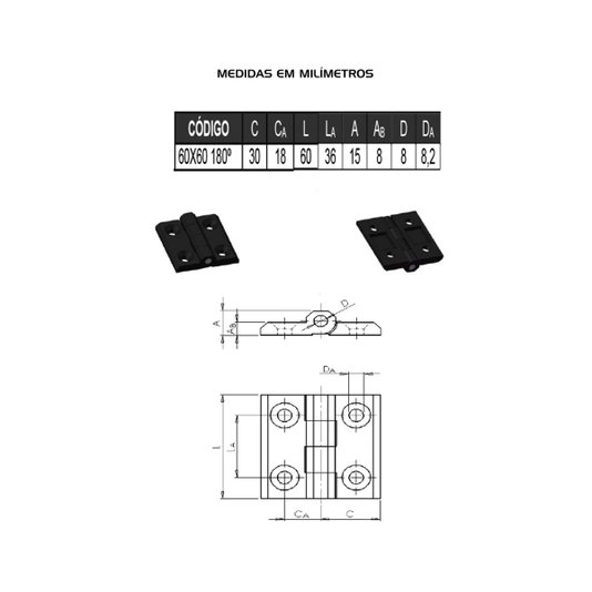 Dobradiça Zamak 60 X 60 P/ Máquinas Industriais