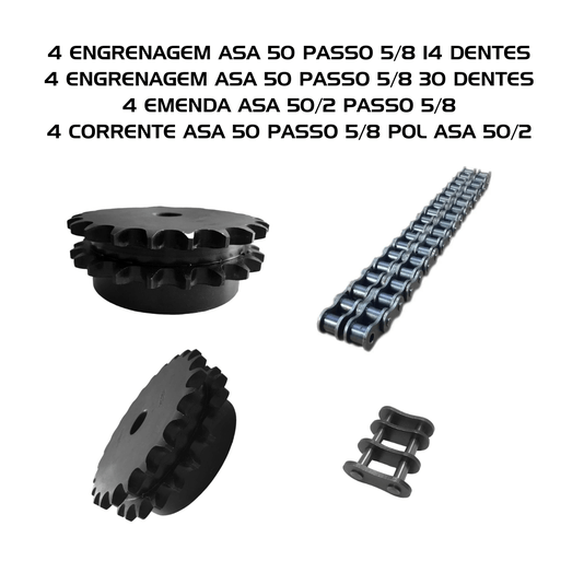 Engrenagens + Emendas Dupla Asa 50/2 passo 5/8 + Correntes