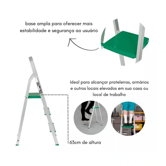 Escada de Alumínio Doméstica com 3 Degraus Suporta 120 Kg