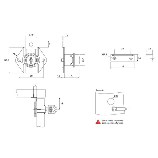 Fechadura de Gaveta Com Batente 17 X 22mm Mesmo Segredo 10 Und