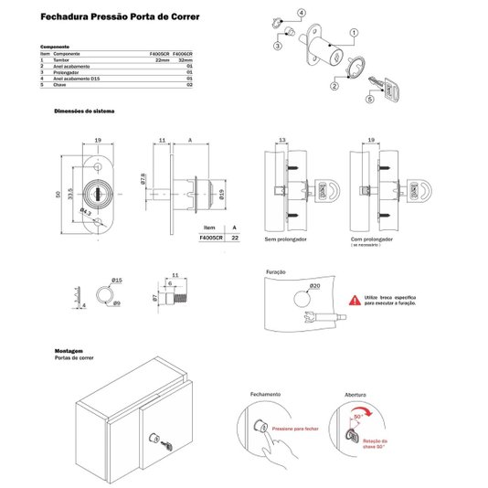 Fechadura de Pressão para Porta de Correr 19 X 22mm Hardt