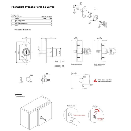 Fechadura de Pressão para Porta de Correr 19 X 32mm Hardt