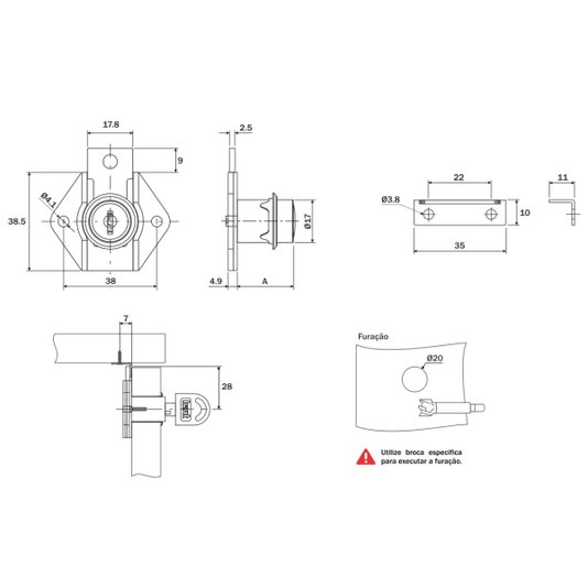 Fechadura p/ Gaveta c/ Batente 17x31mm Niquelado 10 Unidade