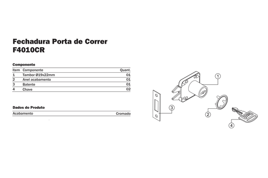 Fechadura p/ Porta de Correr 19 X 22mm Cromado - Hardt 2 Und