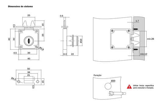 Fechadura p/ Porta de Correr 19 X 22mm Cromado - Hardt 5 Und