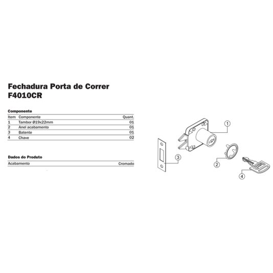 Fechadura P/ Porta de Correr 19 X 22mm Cromado - Hardt