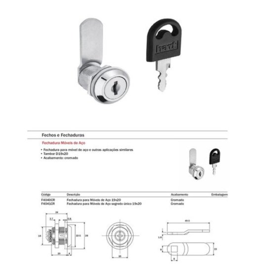 Fechadura para Moveis de Aço 19 X 20mm Chave Retratil Hardt