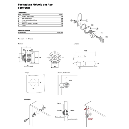 Fechadura para Moveis de Aço 19 X 20mm Segredo Único Hardt