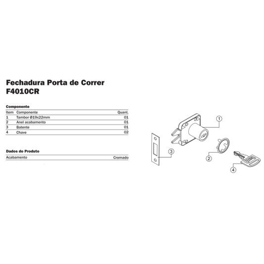 Fechadura Para Porta de Correr 19 X 22mm Cromado 3 Peças