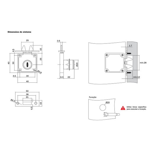 Fechadura Para Porta de Correr 19 X 22mm Cromado 3 Peças