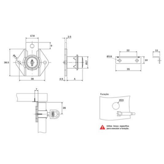 Fechadura Segredo Unico para Gaveta Batente 17 X 22mm 7 Und