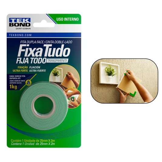 Fita Fixa Tudo Dupla Face para Uso Interno 25mm X 2m Tekbond
