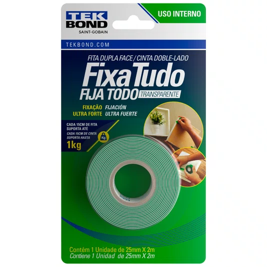 Fita Fixa Tudo Dupla Face para Uso Interno 25mm X 2m Tekbond