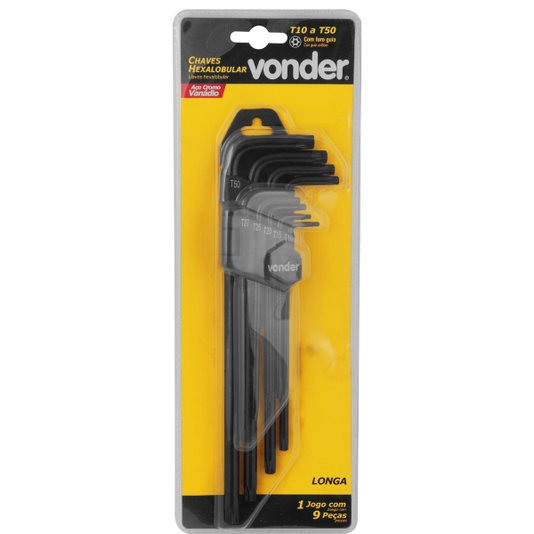 Jogo Chave Torx Hexalobular Longa 9 Pçs T10 a T50 Vonder