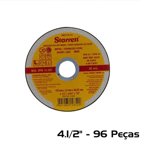 Disco de Corte 115 x 1,0 x 22,2 Inox 96 Peças Starrett