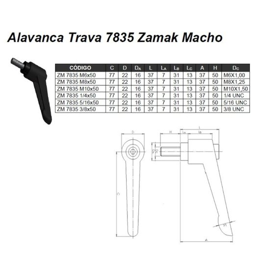 Manipulo Alavanca Trava Macho 3/8 X 50mm Zm 7835- 2 Unidade