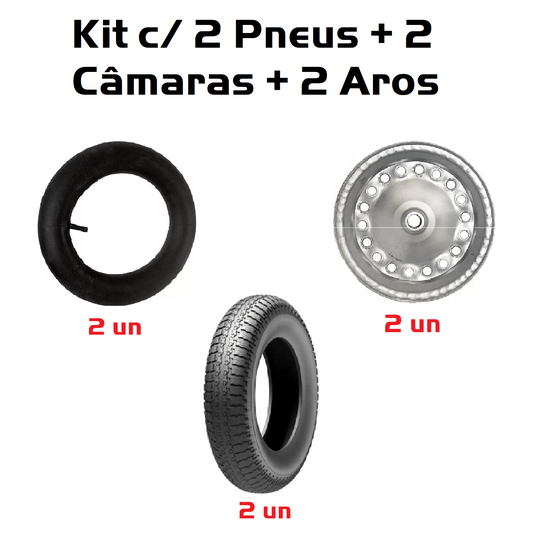 Kit 2 Pneu + 2 Câmara de Ar + 2 Aro de Metal