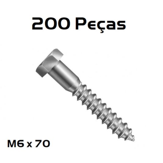 Kit 200 Parafuso Inox Sextavado Rosca Soberba M6 x 70
