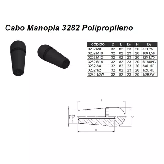 Kit 3 Manipulo Cabo Manopla 3282 M8 em Polipropileno