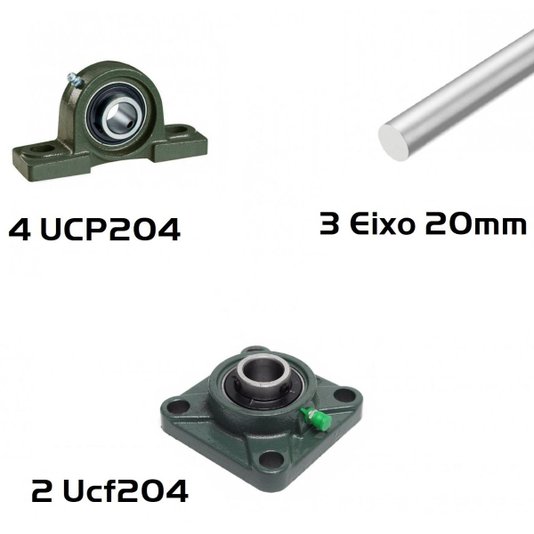 Kit 4 Mancal Ucp204 + 2 Ucf204 Com Rolamentos +3 Eixo 20mm