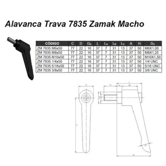 Manipulo Alavanca Trava Macho 1/2 x 50mm Zamak 7835 - 4 Unidade
