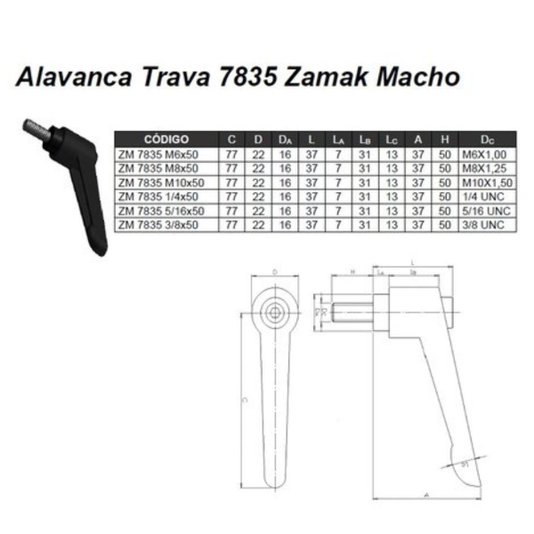 Manipulo Alavanca Trava Macho M8 X 50mm Zm 7835 - 4 Unidade