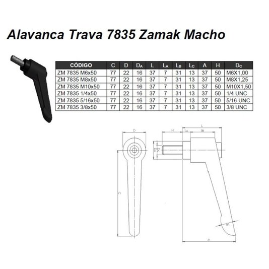 Manípulo Alavanca Trava Macho M10 X 50mm Zamak- 5 Unidade