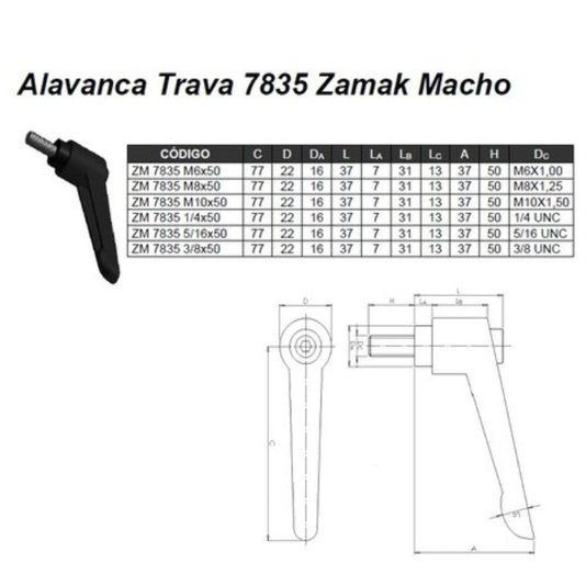 Manipulo Alavanca Trava Macho M8 X 50mm Zm 7835 - 6 Unidade