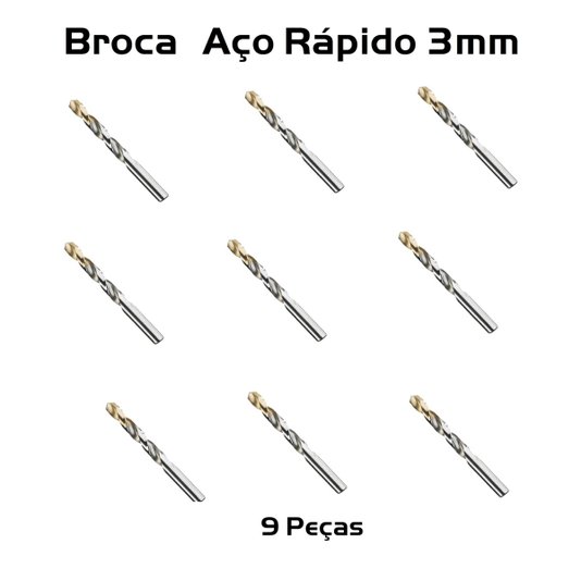 Kit com 9 Brocas Aço Rápido 3mm A002 Tin