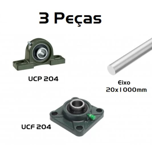 Kit Mancal Ucp204 + Ucf204 Com Rolamentos + Eixo 20 x 1000mm