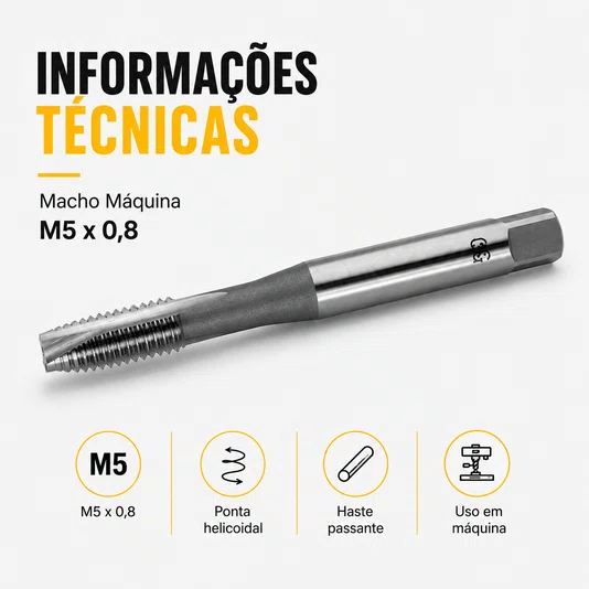 Macho Maquina M5 X 0,8 Ponta Helicoidal Haste Passante