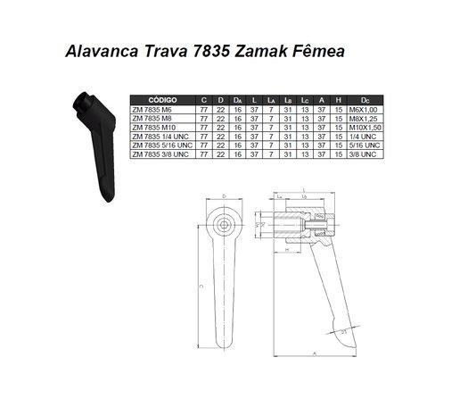 Manipulo Alavanca Trava Fêmea 3/8 - 16unc Zamak 7835