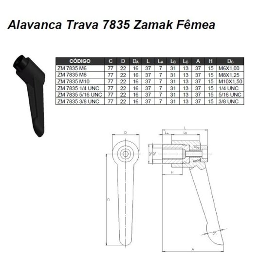 Manipulo Alavanca Trava Fêmea 5/16 - 18unc Zamak 7835 12 Und